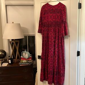 Anthropologie Red and Pink Floral-Print Maxi Dress